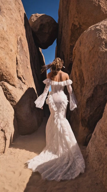 Fit-and-Flare Lace Corset Wedding Dress with Lace-Up Back and Lace Frills