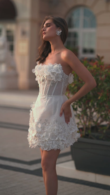 Mini sleeveless A-line wedding dress with 3D floral details