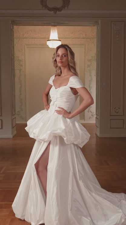 Convertible Taffeta Wedding Dress with Off-Shoulder Ruched Bodice and Removable Skirt