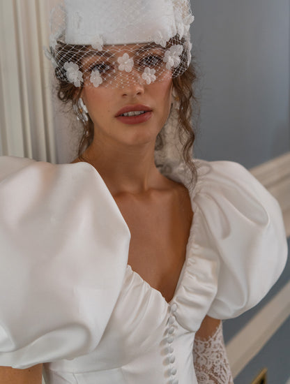 Mikado Ball Gown Wedding Dress with Puff Sleeves and Corset Bodice