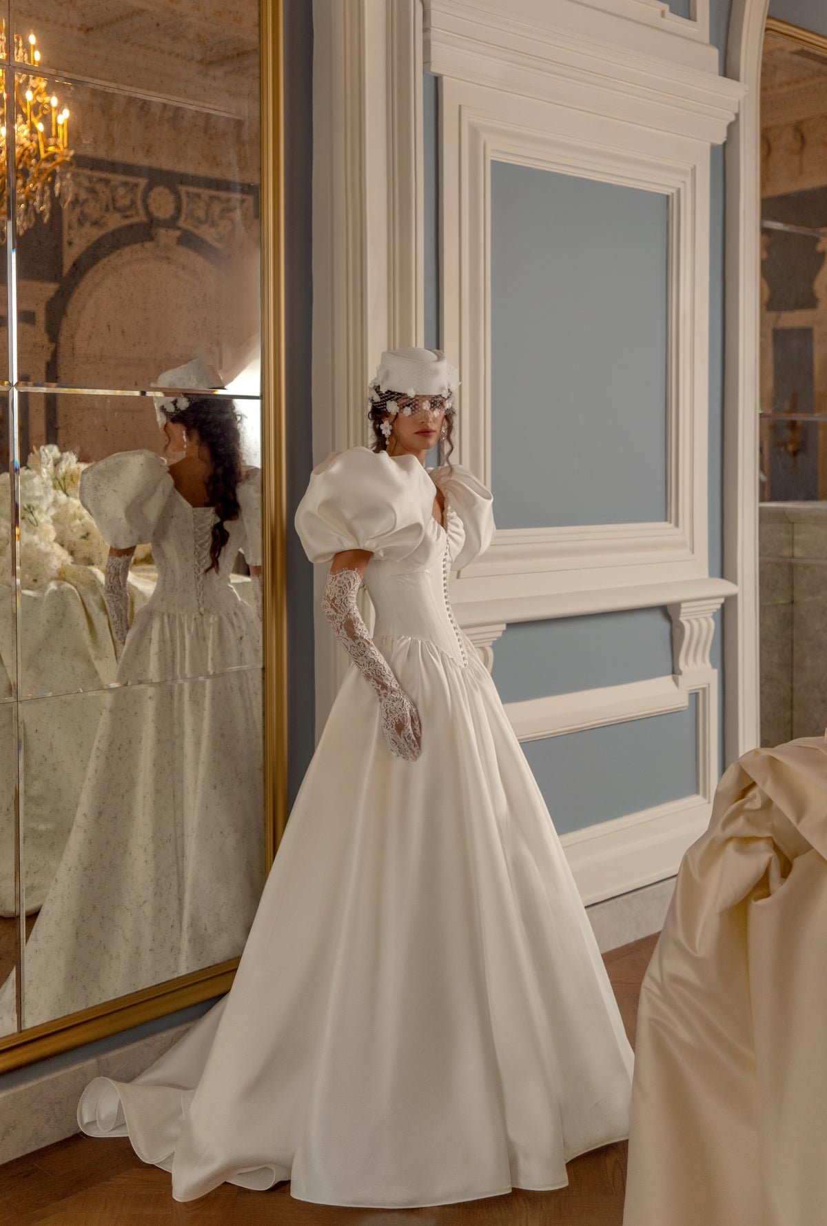 Mikado Ball Gown Wedding Dress with Puff Sleeves and Corset Bodice