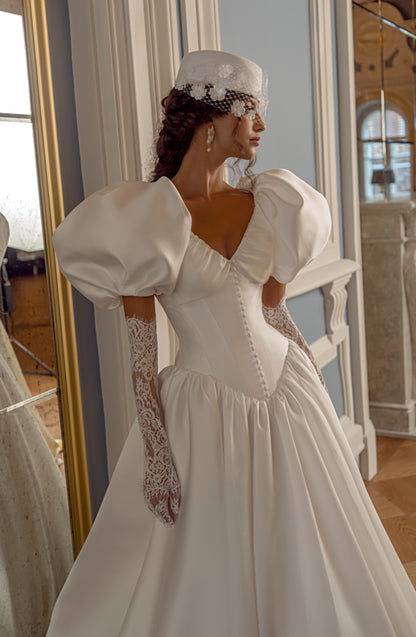 Mikado Ball Gown Wedding Dress with Puff Sleeves and Corset Bodice