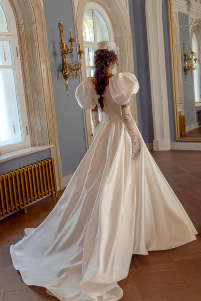 Mikado Ball Gown Wedding Dress with Puff Sleeves and Corset Bodice