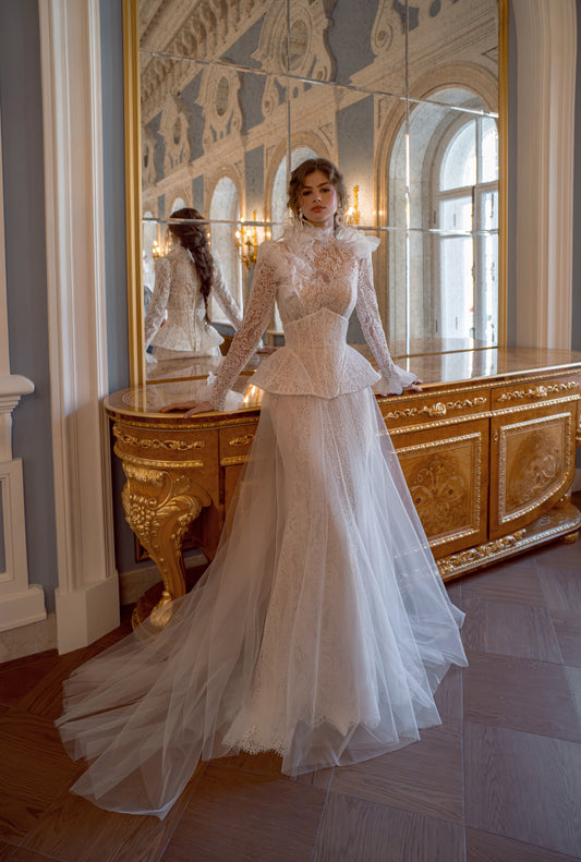 Lace Fit and Flare Wedding Dress with High Neck, Long Sleeves and Peplum Corset