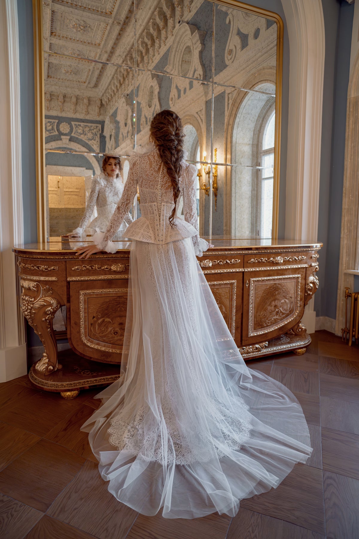 Lace Fit and Flare Wedding Dress with High Neck, Long Sleeves and Peplum Corset