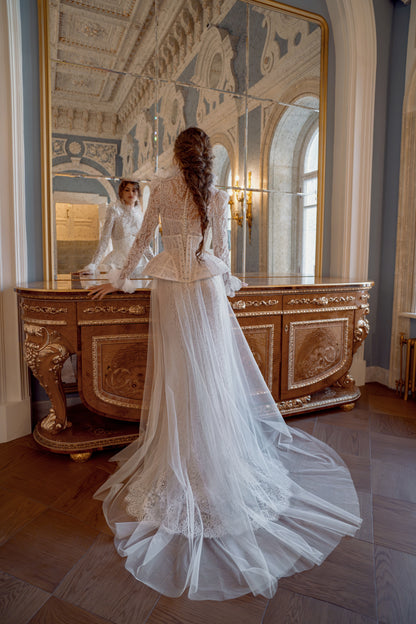 Lace Fit and Flare Wedding Dress with High Neck, Long Sleeves and Peplum Corset