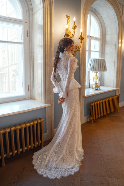 Lace Fit and Flare Wedding Dress with High Neck, Long Sleeves and Peplum Corset