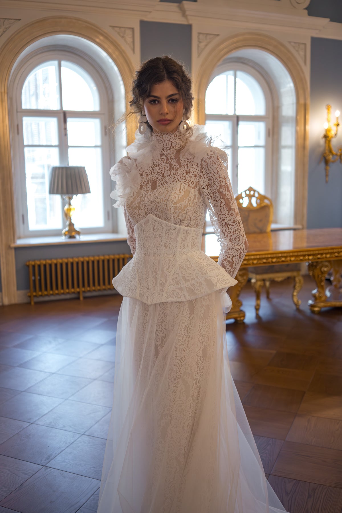 Lace Fit and Flare Wedding Dress with High Neck, Long Sleeves and Peplum Corset