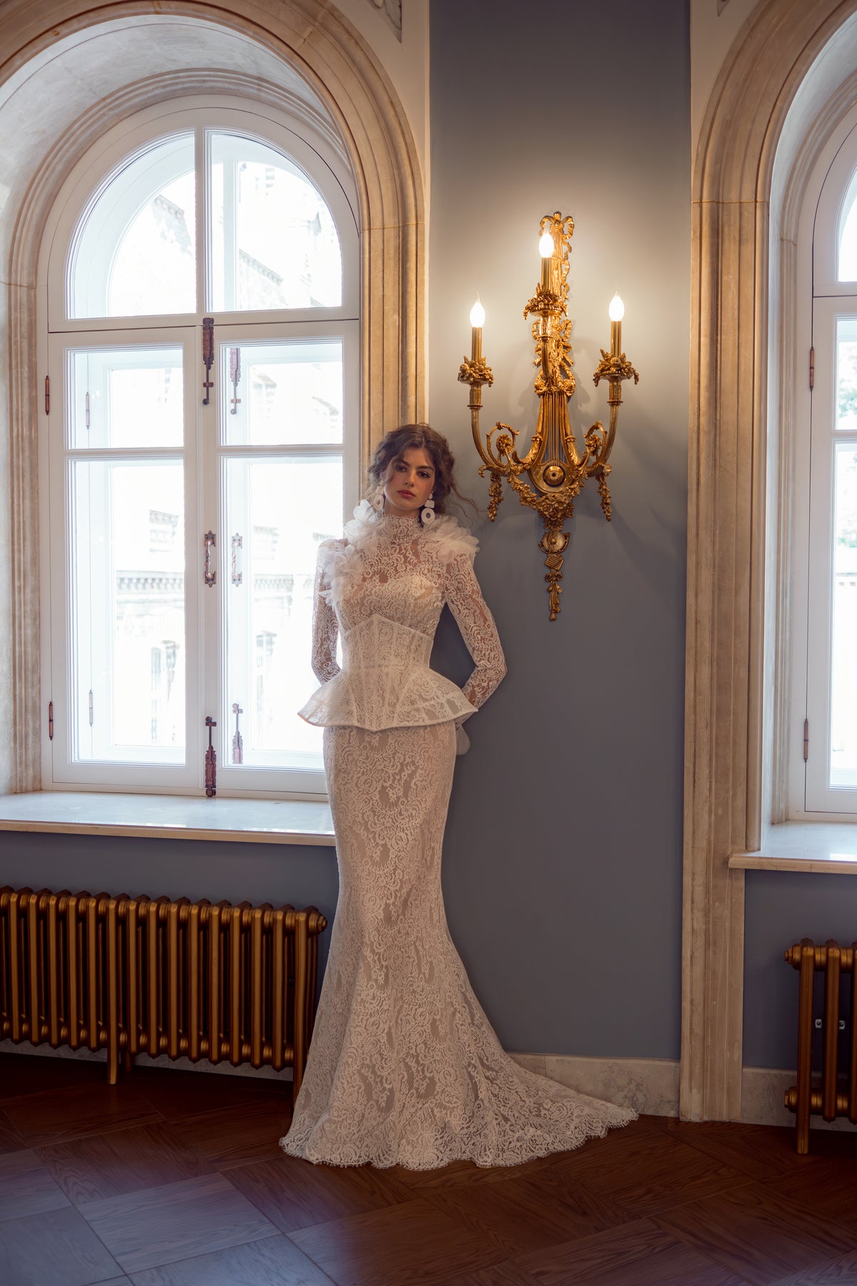 Lace Fit and Flare Wedding Dress with High Neck, Long Sleeves and Peplum Corset