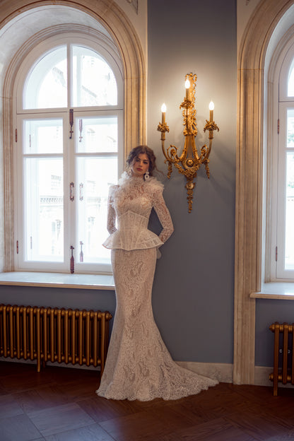 Lace Fit and Flare Wedding Dress with High Neck, Long Sleeves and Peplum Corset