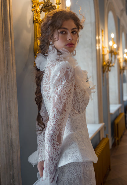 Lace Fit and Flare Wedding Dress with High Neck, Long Sleeves and Peplum Corset