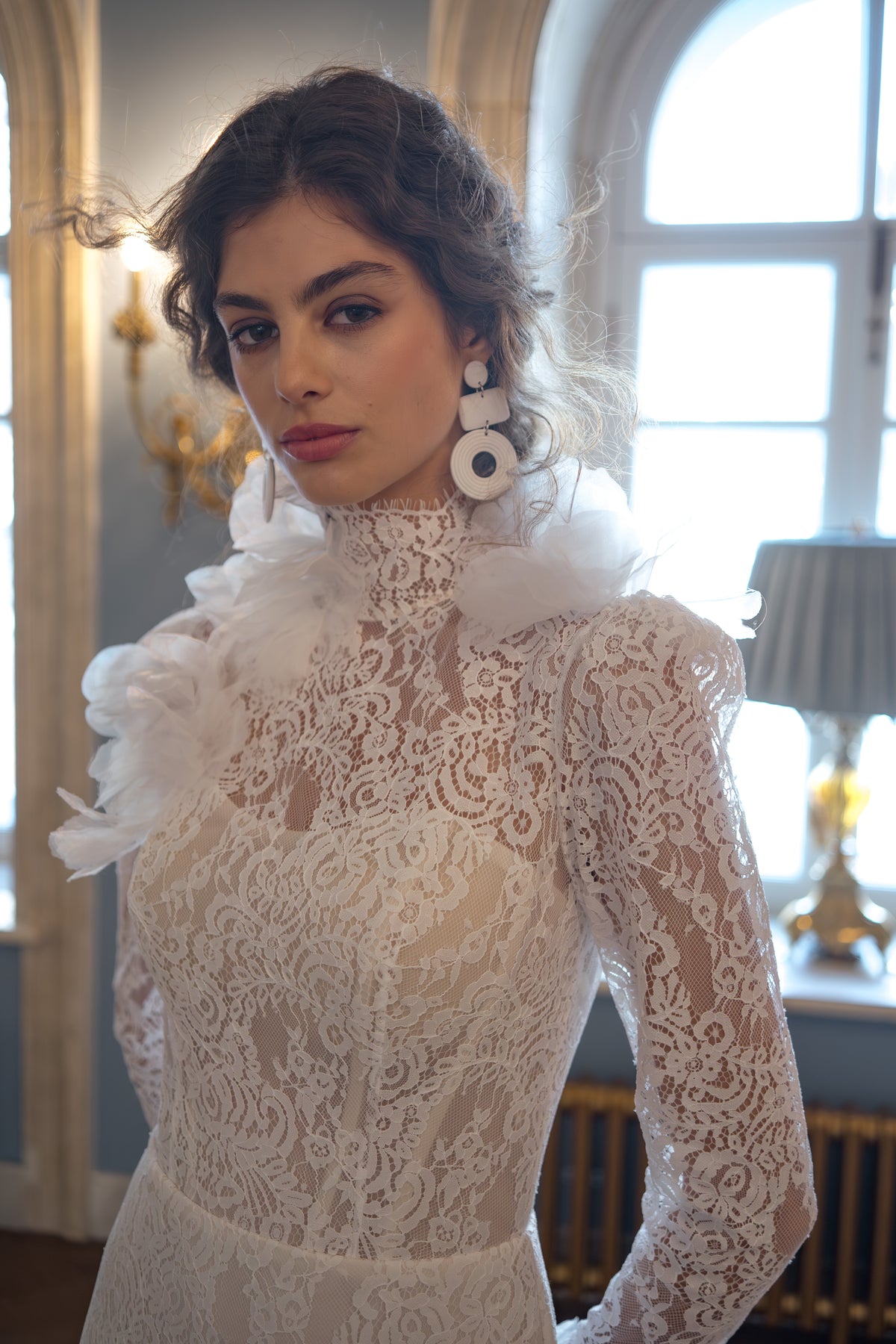 Lace Fit and Flare Wedding Dress with High Neck, Long Sleeves and Peplum Corset
