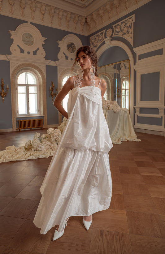 Taffeta Wedding Dress with Draped Volume Skirt and Floral Straps
