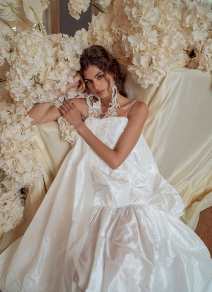 Taffeta Wedding Dress with Draped Volume Skirt and Floral Straps