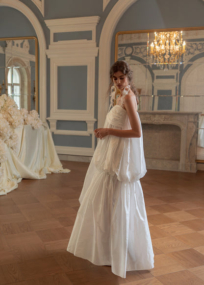 Taffeta Wedding Dress with Draped Volume Skirt and Floral Straps