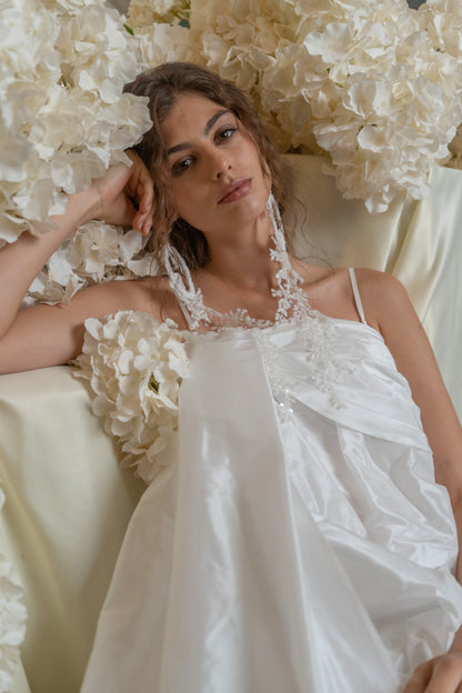 Taffeta Wedding Dress with Draped Volume Skirt and Floral Straps