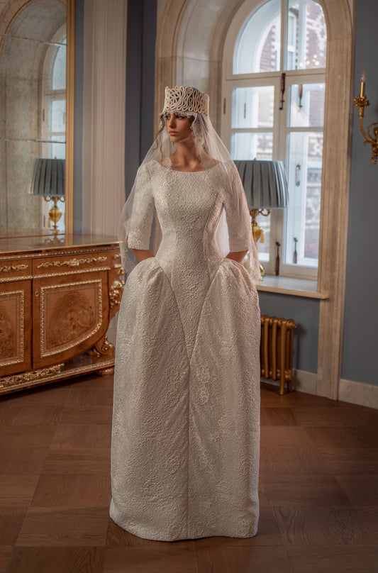 Lace Wedding Dress with Boat Neckline, Three-Quarter Sleeves and Sculpted Pocket Skirt