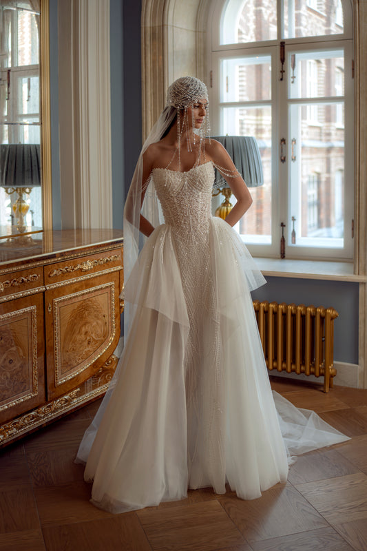 Beaded Pearl Corset Wedding Dress with Layered Tulle Skirt and Veil