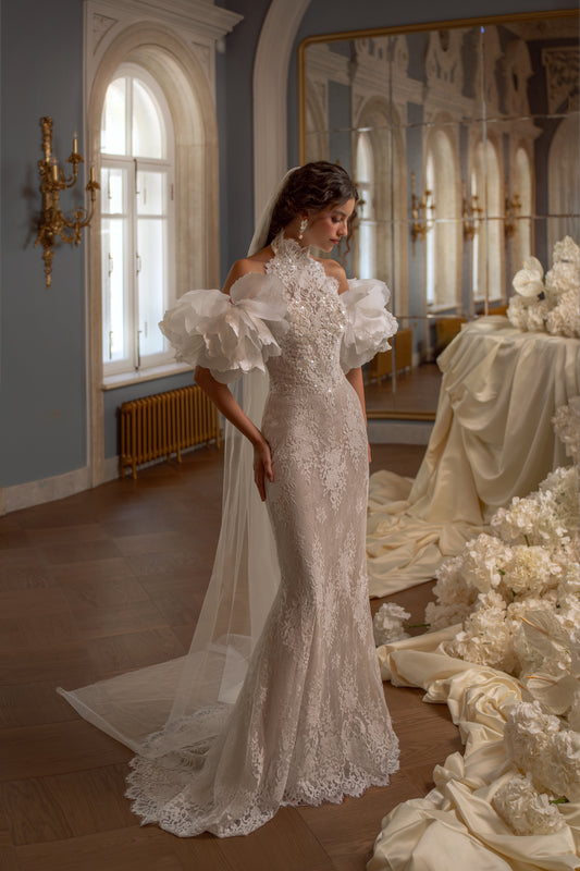 Lace Mermaid Wedding Dress with High Halter Neck and Sheer Corset Back