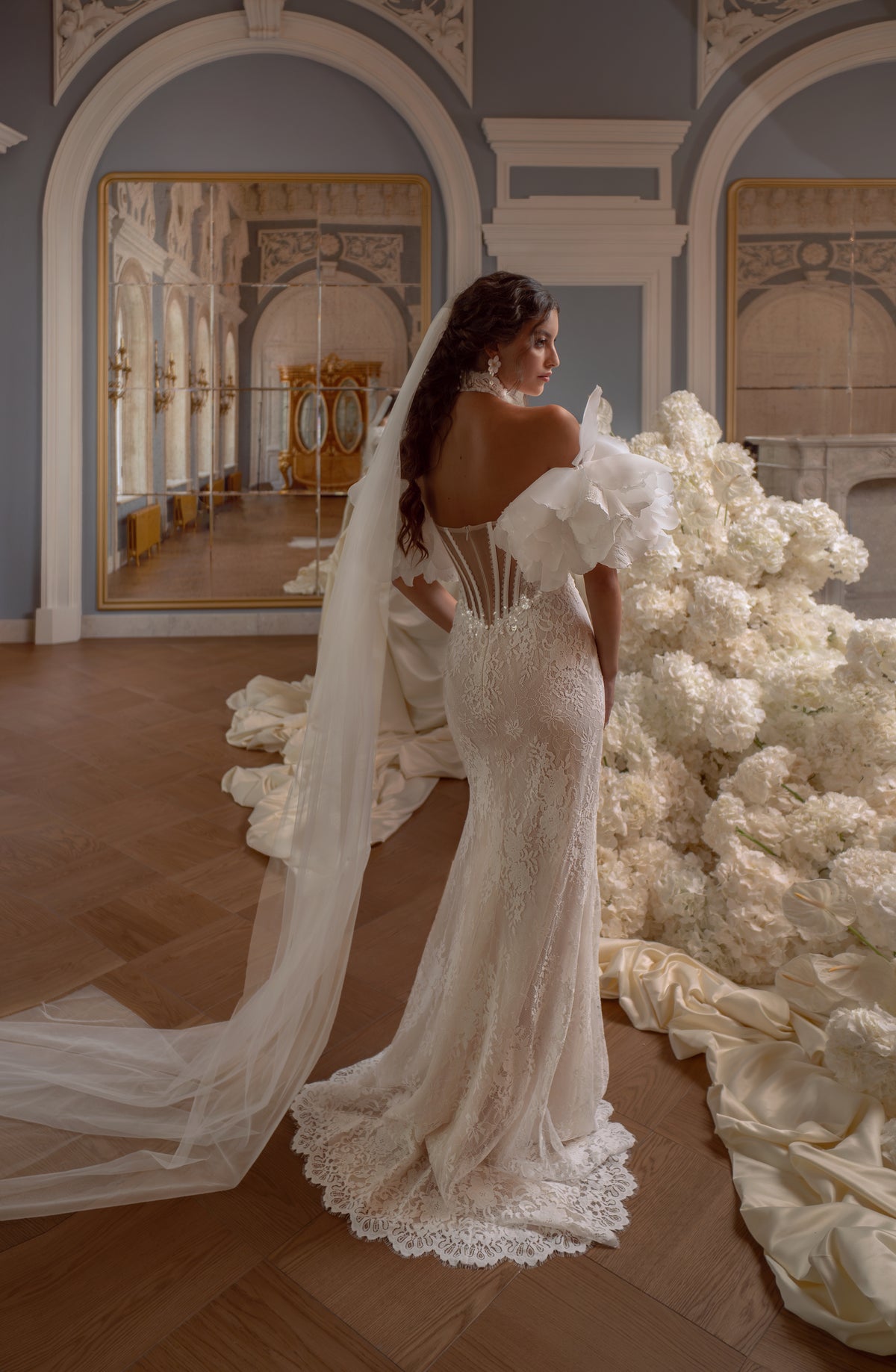 Lace Mermaid Wedding Dress with High Halter Neck and Sheer Corset Back