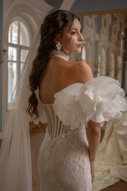 Lace Mermaid Wedding Dress with High Halter Neck and Sheer Corset Back