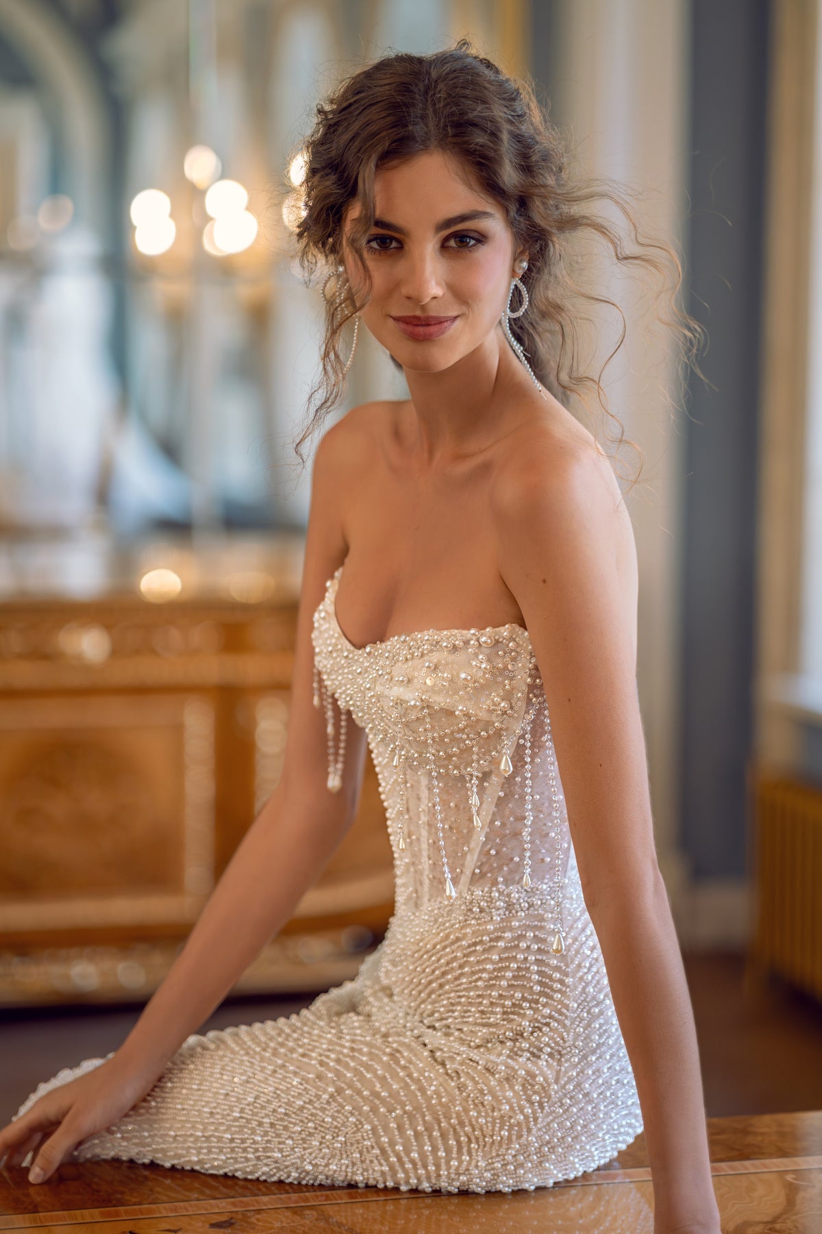 Pearl Beaded Lace Mermaid Wedding Dress with Strapless Sheer Corset and Fringe