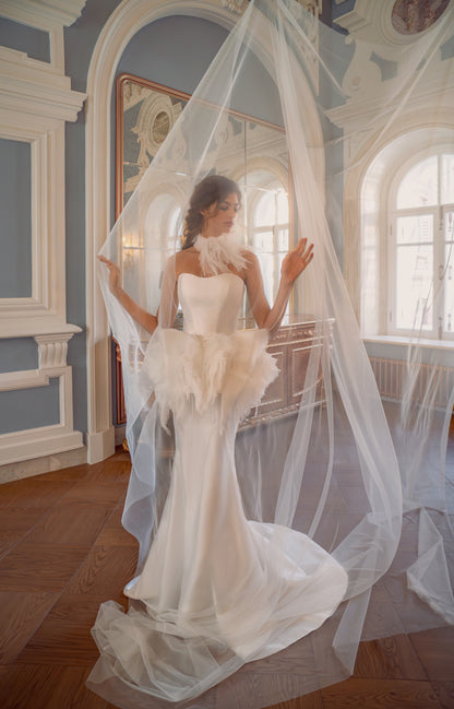 Mikado Mermaid Wedding Dress with Strapless Neckline and Feather Peplum