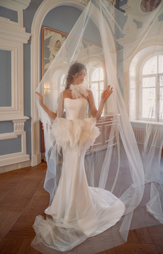 Mikado Mermaid Wedding Dress with Strapless Neckline and Feather Peplum