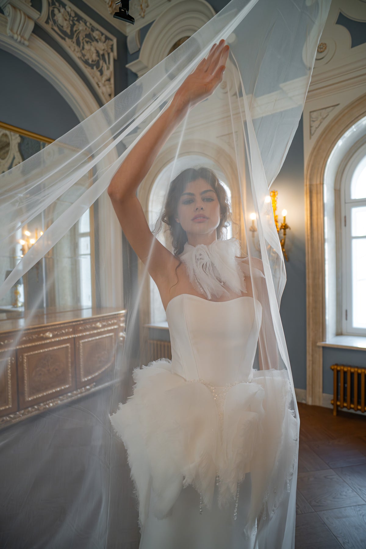 Mikado Mermaid Wedding Dress with Strapless Neckline and Feather Peplum