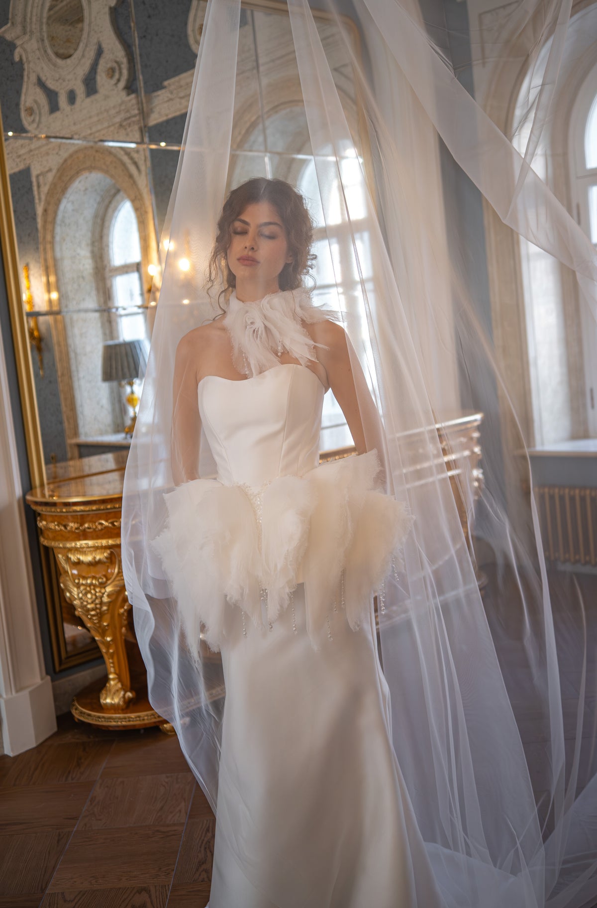 Mikado Mermaid Wedding Dress with Strapless Neckline and Feather Peplum