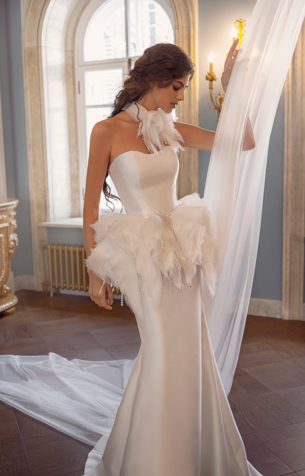 Mikado Mermaid Wedding Dress with Strapless Neckline and Feather Peplum