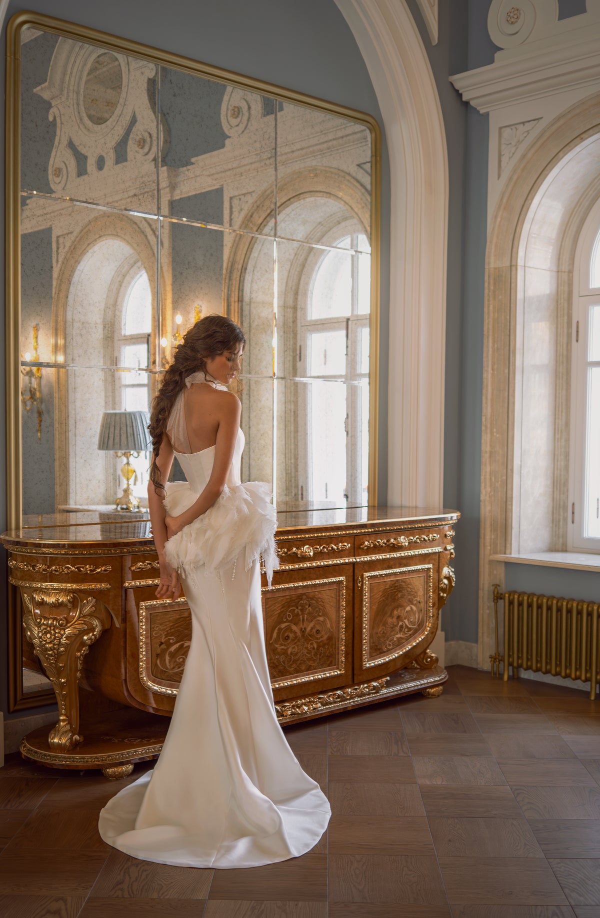 Mikado Mermaid Wedding Dress with Strapless Neckline and Feather Peplum