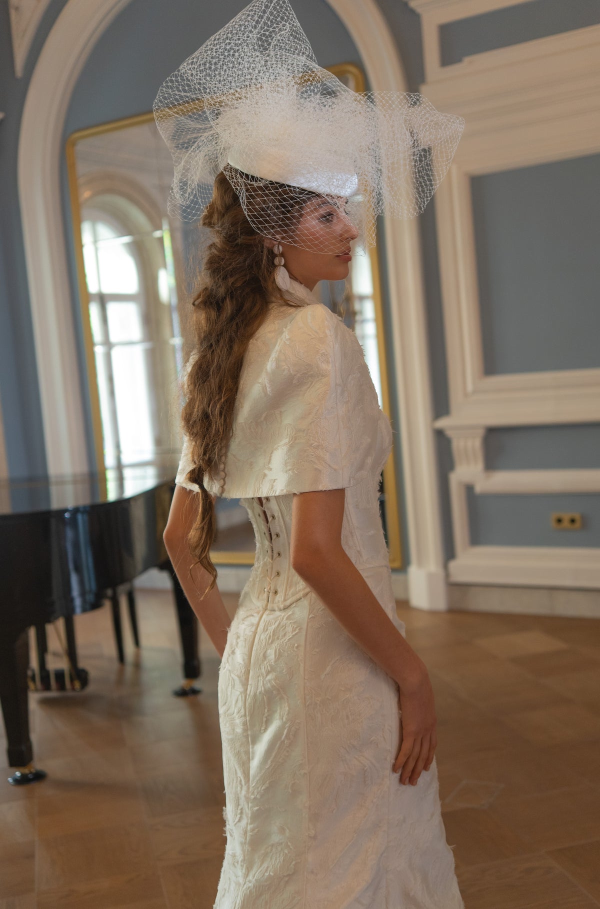 Jacquard Mermaid Wedding Dress with Corset Bodice, Covered Buttons and Thigh Slit