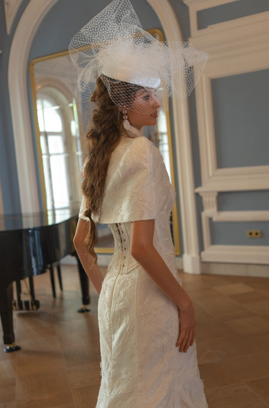 Jacquard Mermaid Wedding Dress with Corset Bodice, Covered Buttons and Thigh Slit