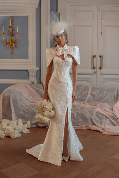 Jacquard Mermaid Wedding Dress with Corset Bodice, Covered Buttons and Thigh Slit