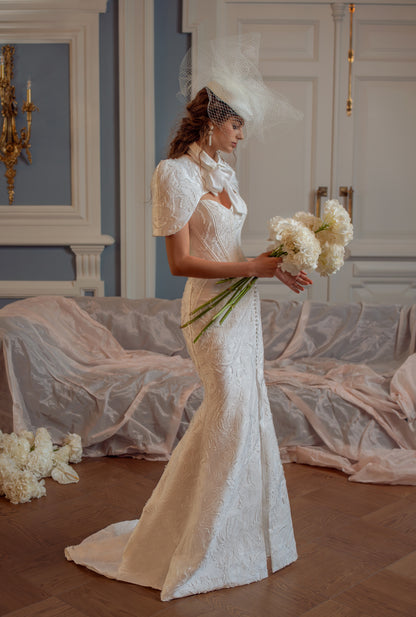 Jacquard Mermaid Wedding Dress with Corset Bodice, Covered Buttons and Thigh Slit