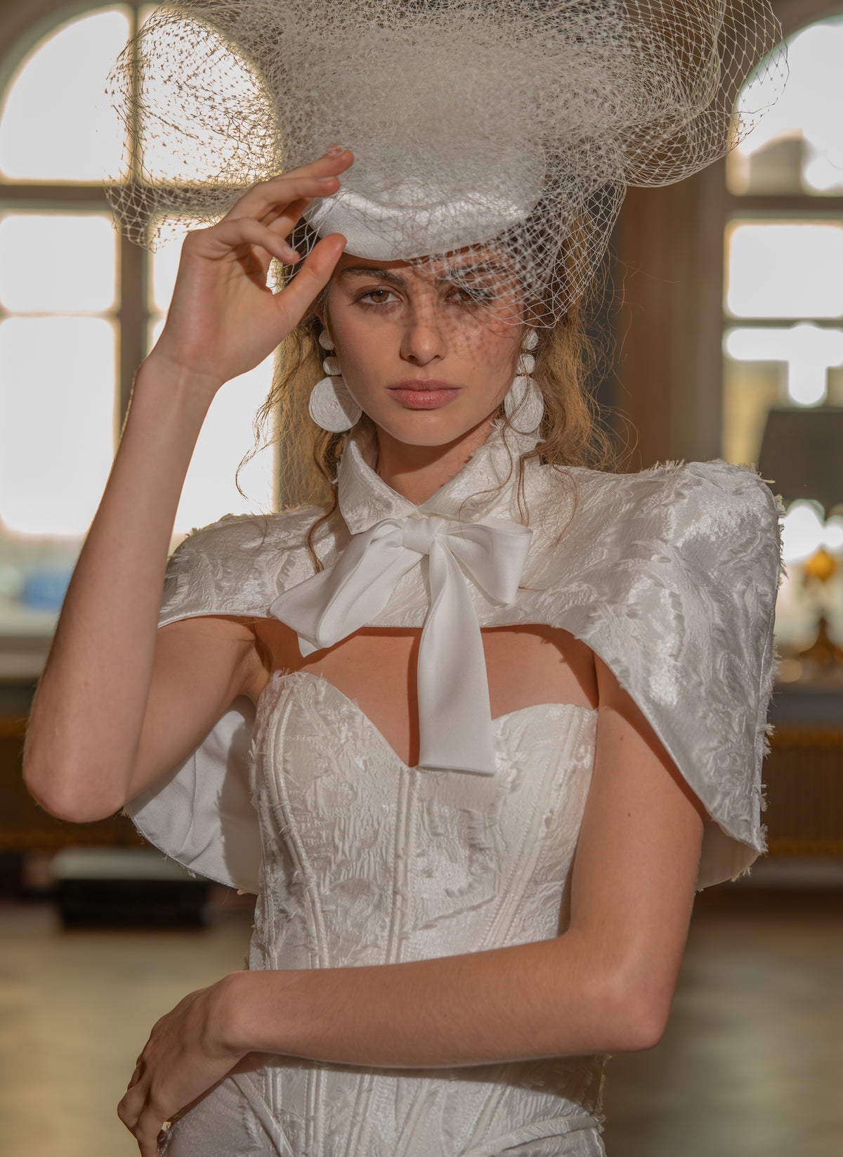 Jacquard Mermaid Wedding Dress with Corset Bodice, Covered Buttons and Thigh Slit