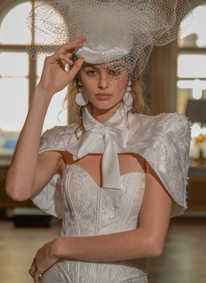 Jacquard Mermaid Wedding Dress with Corset Bodice, Covered Buttons and Thigh Slit