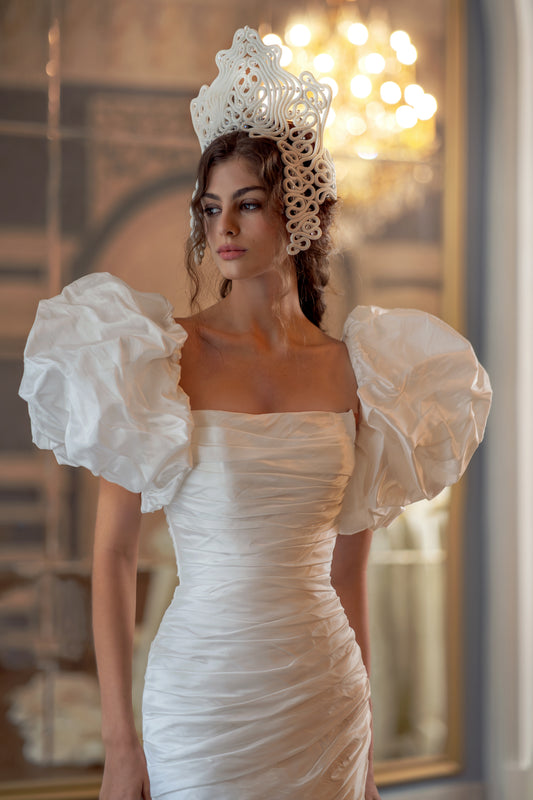Ruched Taffeta Mermaid Wedding Dress with Square Neckline and Lace-Up Back