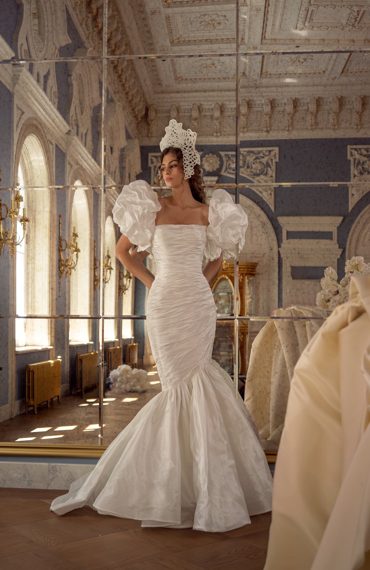 Ruched Taffeta Mermaid Wedding Dress with Square Neckline and Lace-Up Back