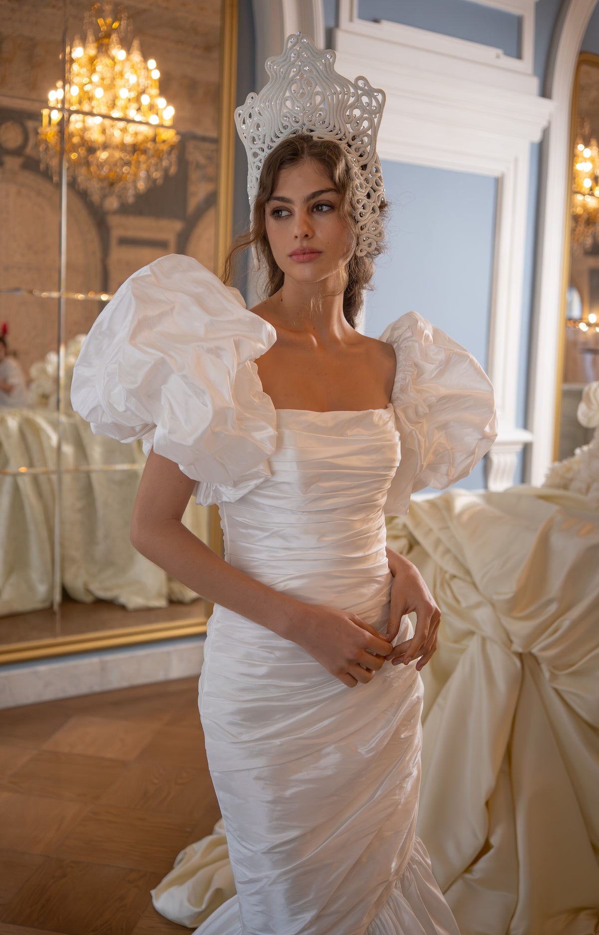 Ruched Taffeta Mermaid Wedding Dress with Square Neckline and Lace-Up Back