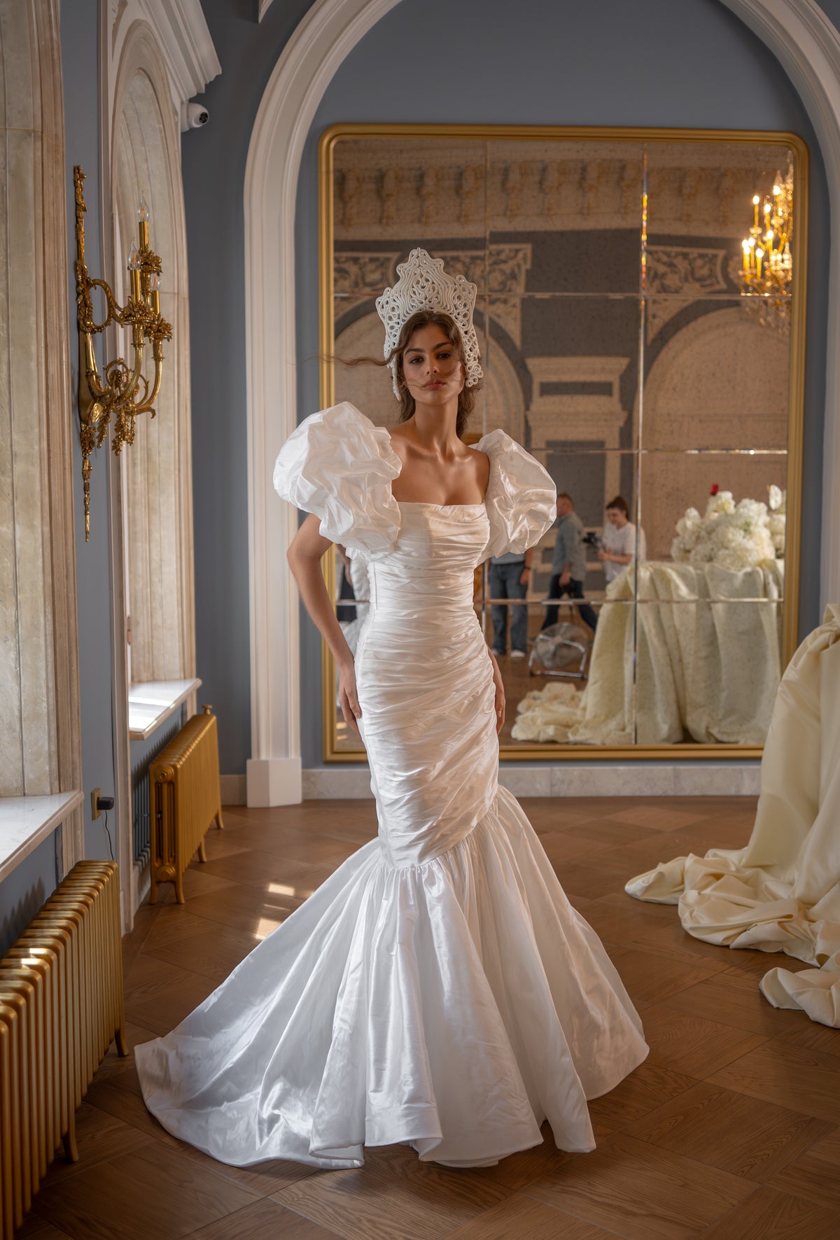 Ruched Taffeta Mermaid Wedding Dress with Square Neckline and Lace-Up Back