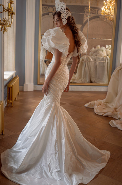 Ruched Taffeta Mermaid Wedding Dress with Square Neckline and Lace-Up Back
