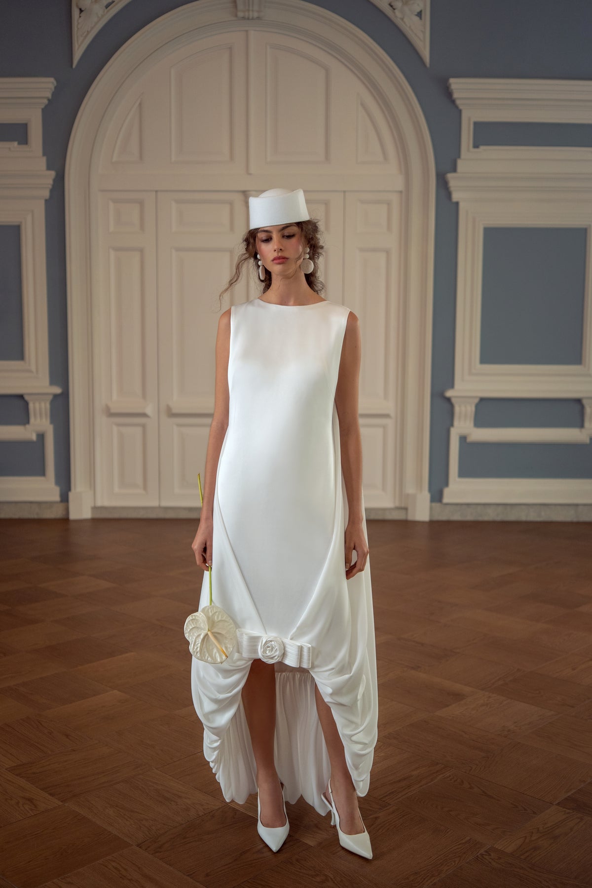 Satin Wedding Dress with Round Neckline and Draped High-Low Hem
