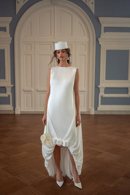 Satin Wedding Dress with Round Neckline and Draped High-Low Hem