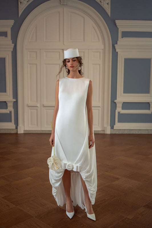 Satin Wedding Dress with Round Neckline and Draped High-Low Hem