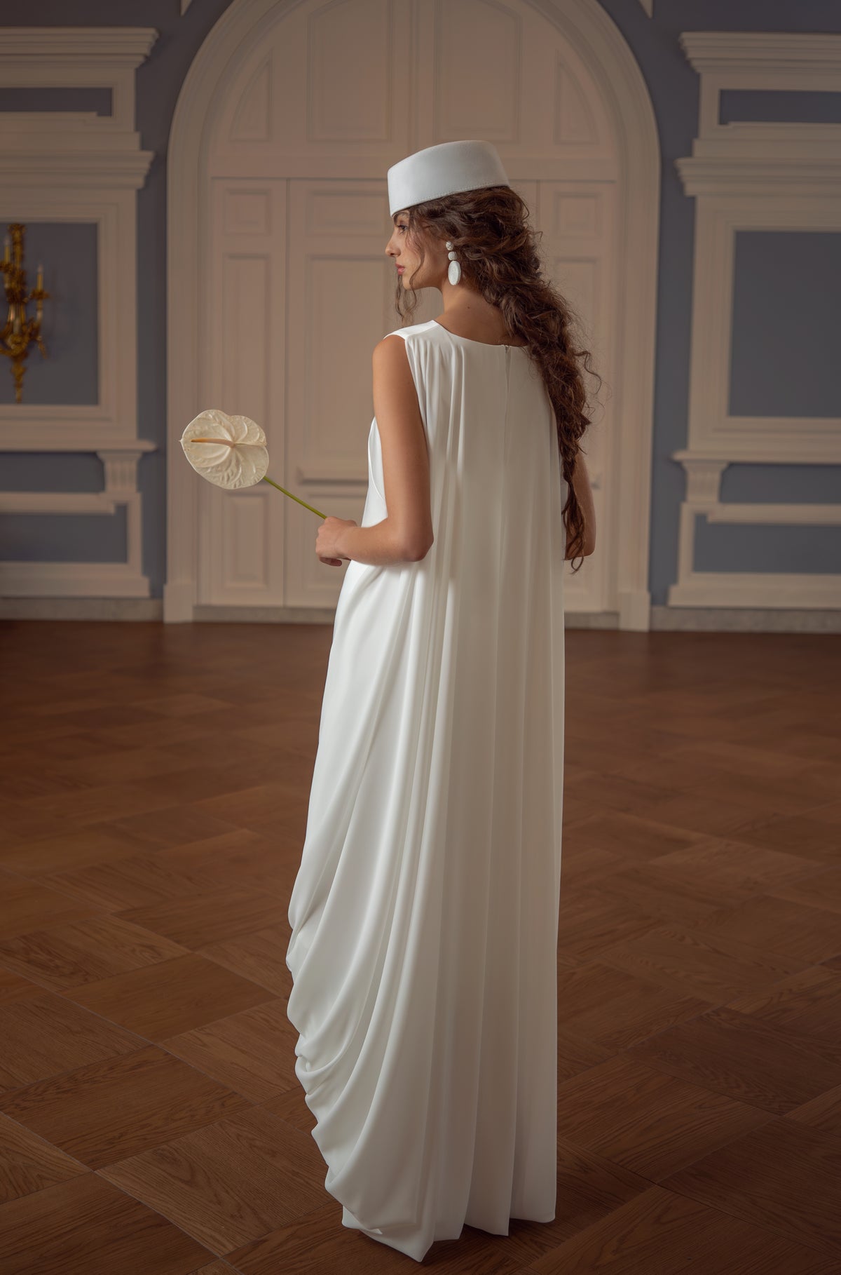 Satin Wedding Dress with Round Neckline and Draped High-Low Hem