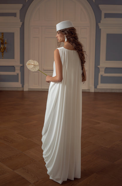 Satin Wedding Dress with Round Neckline and Draped High-Low Hem
