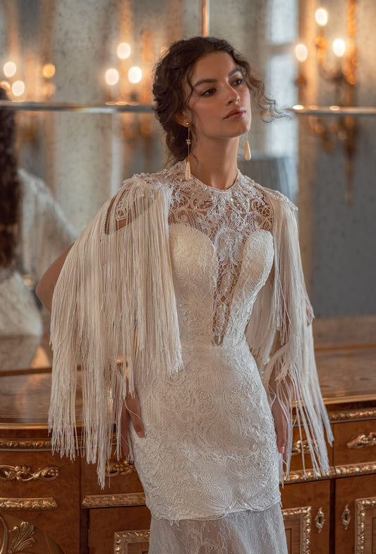 Lace Wedding Dress with Fringe Cape Sleeves and Sheer Tulle Skirt