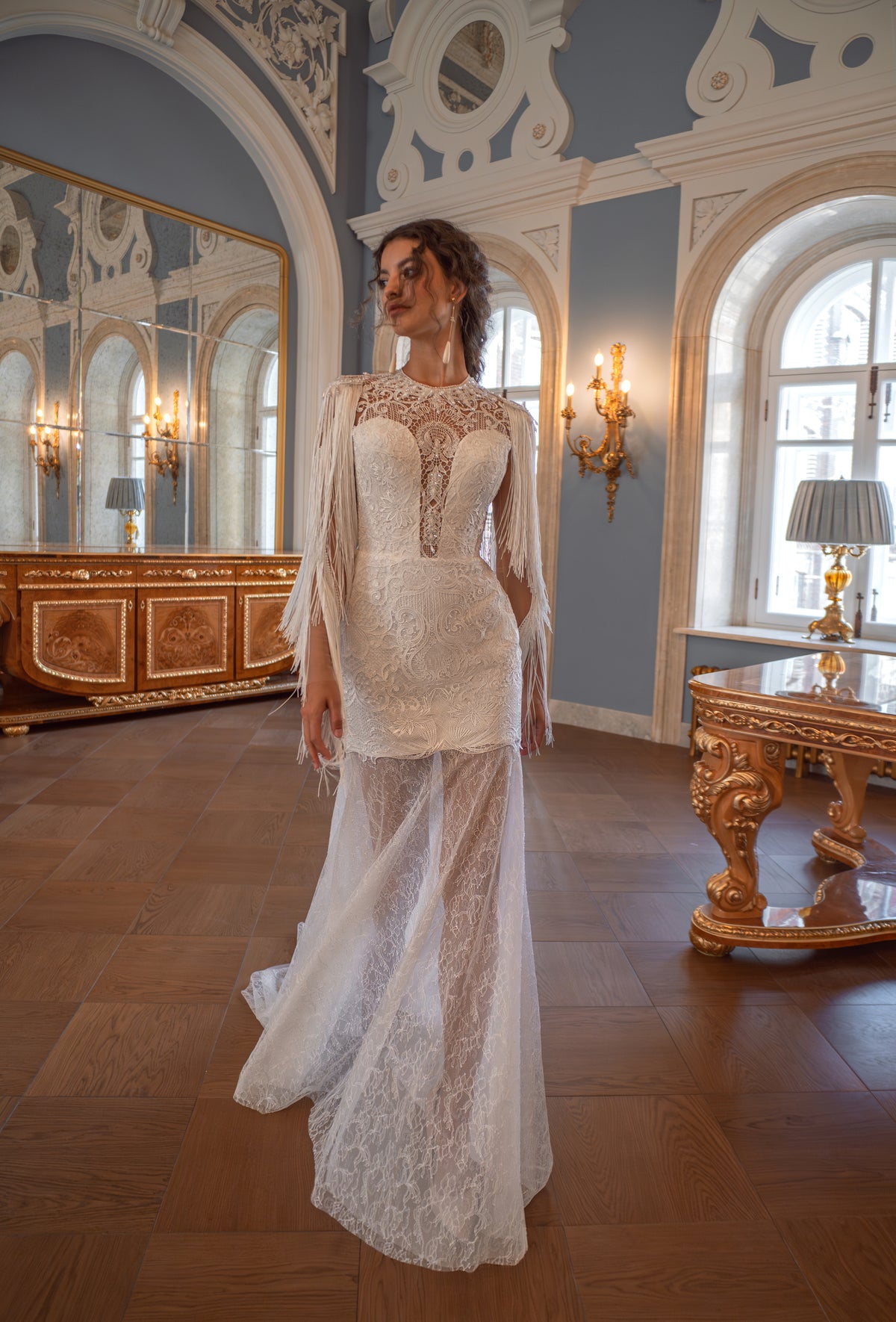 Lace wedding dress with sheer tulle skirt – full-length front view